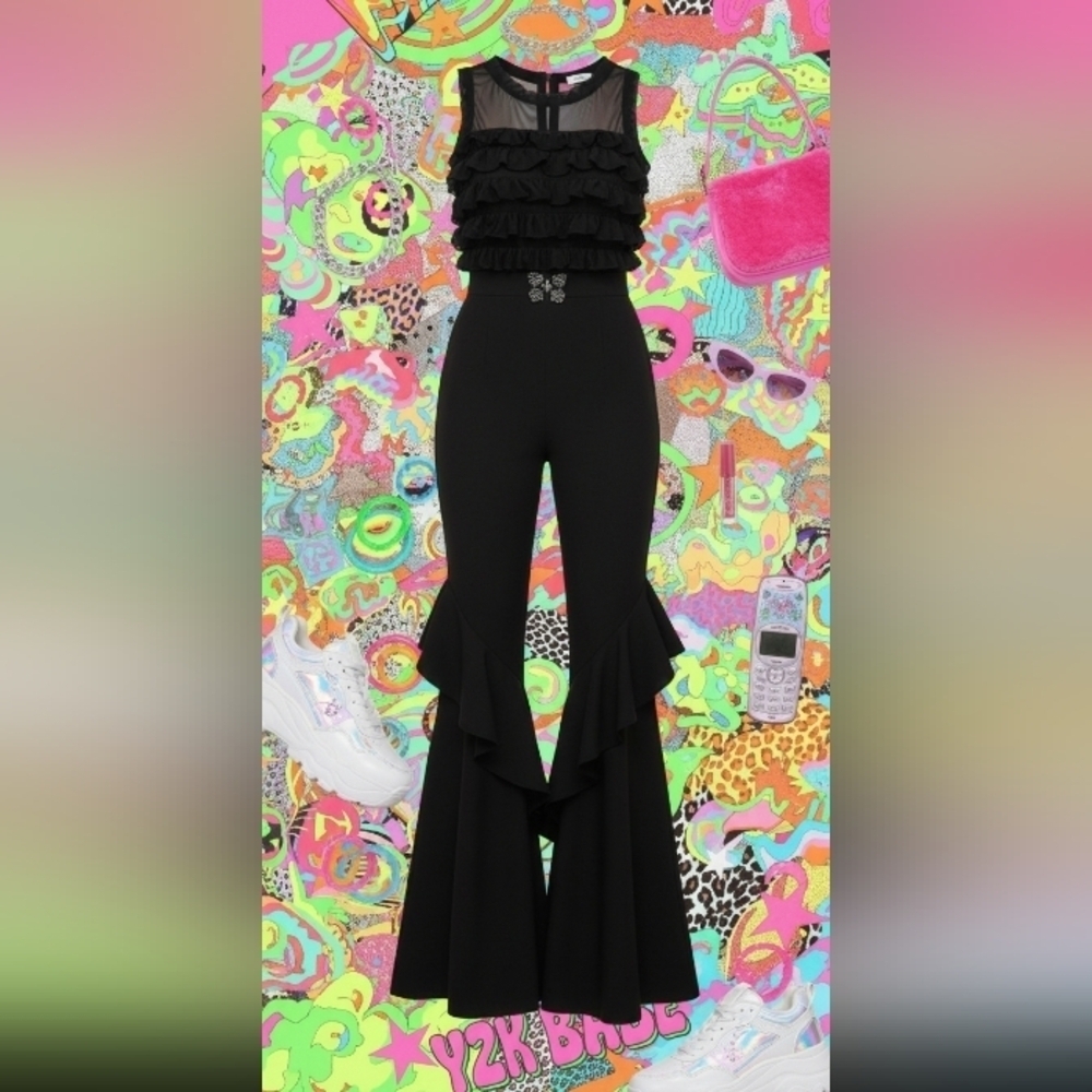 Dark romantic New Black Flare Wide Leg Jumpsuit Gold Hardware Small Medium Large